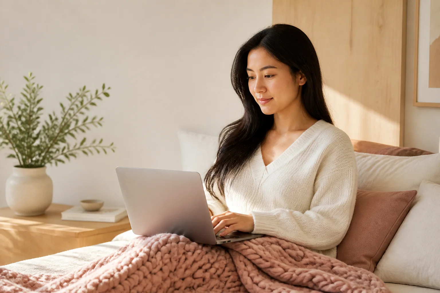 Woman using a laptop in a calm, thoughtfully arranged bedroom
